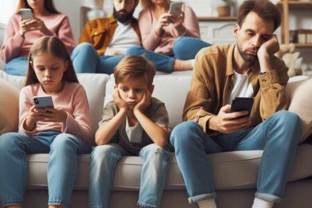 bored children and adults all have mobile phones spending time on social media